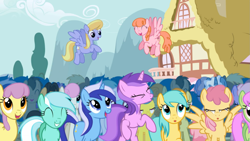 Size: 1365x768 | Tagged: safe, screencap, amethyst star, carrot top, cherry cola, cherry fizzy, cloud kicker, coco crusoe, dizzy twister, doctor whooves, golden harvest, jetstream, lemon hearts, linky, lyra heartstrings, merry may, minuette, orange swirl, pokey pierce, rainbowshine, shoeshine, sparkler, sunshower raindrops, twinkleshine, pony, boast busters, background pony, rearing