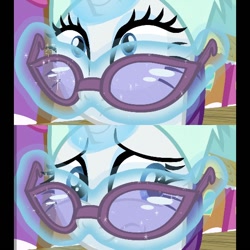 Size: 540x540 | Tagged: safe, edit, screencap, rarity, pony, unicorn, dragon dropped, close-up, concerned, glasses, hat, looking up, magic, solo, train, winter outfit