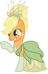 Size: 1736x2640 | Tagged: safe, artist:cloudyglow, applejack, earth pony, pony, clothes, clothes swap, cosplay, costume, disney, disney princess, female, freckles, mare, princess tiana, raised hoof, simple background, solo, the princess and the frog, transparent background, vector