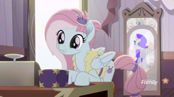 Size: 1916x1072 | Tagged: safe, color edit, edit, edited screencap, screencap, kerfuffle, rarity, pegasus, pony, unicorn, rainbow roadtrip, amputee, box, colored, mirror, prosthetic leg, prosthetic limb, prosthetics, saturated