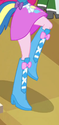 Size: 211x445 | Tagged: safe, screencap, pinkie pie, equestria girls, animation error, balloon, boots, clothes, helping twilight win the crown, high heel boots, legs, pictures of legs, ponytail, raised leg, skirt