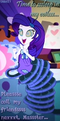 Size: 632x1264 | Tagged: safe, artist:snakeythingy, rarity, equestria girls, bedroom, clothes, coiling, coils, cute, hypno eyes, kaa, kaa eyes, massage, mind control, nightgown, pajamas, peril, sexy, sleeping, smiling, solo, story included, text