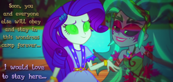 Size: 1300x620 | Tagged: safe, artist:snakeythingy, gaea everfree, gloriosa daisy, rarity, equestria girls, legend of everfree, bracelet, camp everfree, camp everfree outfits, camp fashion show outfit, clothes, cute, geode of shielding, hypno eyes, hypnosis, hypnotized, jewelry, solo, story included, text