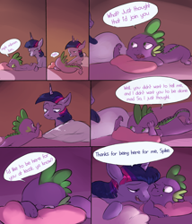 Size: 1280x1493 | Tagged: safe, artist:imsokyo, derpibooru import, spike, twilight sparkle, dragon, pony, unicorn, comic:cold tea, bed, blanket, comic, daily life of spike, dialogue, female, male, mare, on bed, one eye closed