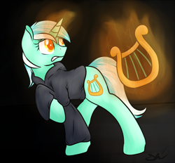 Size: 700x650 | Tagged: dead source, safe, artist:shiverbear, lyra heartstrings, fanfic:background pony, fanfic, lyre, magic, ponies wearing black, solo