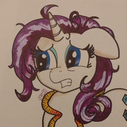 Size: 2232x2240 | Tagged: safe, artist:iffoundreturntorarity, rarity, pony, unicorn, atg 2019, exhausted, floppy ears, measuring tape, messy mane, newbie artist training grounds, tired, traditional art