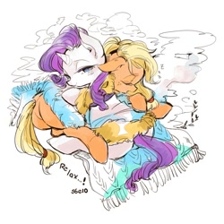 Size: 750x750 | Tagged: safe, artist:wan, applejack, rarity, earth pony, pony, unicorn, applejack's "day" off, cuddling, female, lesbian, rarijack, shipping, snuggling, spa robe