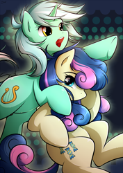 Size: 620x876 | Tagged: safe, artist:secret-pony, bon bon, lyra heartstrings, sweetie drops, earth pony, pony, unicorn, female, lesbian, lyrabon, mare, open mouth, pointing, shipping, underhoof