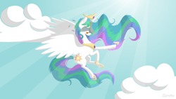 Size: 2560x1440 | Tagged: safe, artist:spirittis, princess celestia, alicorn, duck, pony, birdstrike, collision, female, majestic as fuck, mare, solo, vector