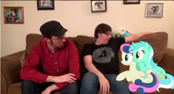 Size: 1302x704 | Tagged: safe, bon bon, lyra heartstrings, sweetie drops, human, pony, cute, doug walker, doug's adorable visitor, irl, irl human, jason laws, lyra and human, meme, photo