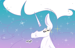 Size: 1278x828 | Tagged: safe, artist:dragonpone, derpibooru exclusive, princess celestia, alicorn, horse, pony, :t, bust, descriptive noise, dialogue, eyes closed, female, hoers, horse noises, impossibly large hair, majestic as fuck, mare, neigh, portrait, princess celestia is a horse, simple background, smiling, smirk, solo, sparkles, transparent background, vein bulge