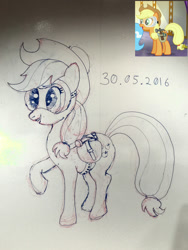 Size: 1500x2000 | Tagged: safe, artist:xbi, applejack, earth pony, pony, applejack's "day" off, goggles, hammer, monochrome, safety goggles, solo, whiteboard