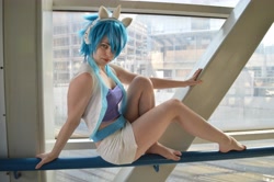 Size: 6016x4000 | Tagged: safe, artist:everage, dj pon-3, vinyl scratch, human, barefoot, clothes, cosplay, feet, irl, irl human, photo, skirt, solo