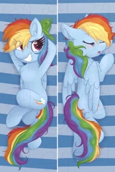 Size: 1280x1908 | Tagged: safe, artist:littleblackraencloud, derpibooru import, rainbow dash, pegasus, pony, backwards cutie mark, blushing, body pillow, body pillow design, chest fluff, cute, dashabetes, ear fluff, eyes closed, hooves behind head, lightly watermarked, on back, open mouth, prone, sleeping, smiling, solo, watermark