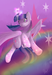 Size: 1200x1729 | Tagged: safe, artist:neko-luvz, derpibooru import, twilight sparkle, twilight sparkle (alicorn), alicorn, pony, female, flying, magic, mare, rainbow power, solo