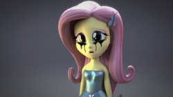 Size: 3840x2160 | Tagged: safe, artist:creatorofpony, artist:efk-san, fluttershy, equestria girls, 3d, bare shoulders, blender, breasts, clothes, crying, dress, fall formal outfits, female, gradient background, high res, looking at you, makeup, running makeup, sleeveless, solo, strapless