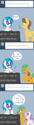 Size: 500x1800 | Tagged: safe, artist:kryptchild, caramel, dj pon-3, record scrape, snails, sweetie belle, vinyl scratch, pony, unicorn, ask, ask glitter shell, ask transdjpon-3, autograph, cd, comic, cute, glitter shell, headphones, levitation, magic, pen, table, telekinesis, trans vinyl, transgender, tumblr