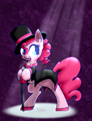 Size: 868x1146 | Tagged: safe, artist:alazak, pinkie pie, pony, cane, clothes, colored pupils, cute, diapinkes, ear fluff, hat, open mouth, solo, top hat, tuxedo