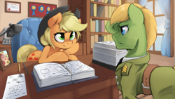 Size: 2400x1350 | Tagged: safe, artist:darksittich, apple bloom, applejack, big macintosh, oc, oc:applesnack, oc:steelhooves, earth pony, pony, fallout equestria, binder, book, bookshelf, clothes, duo, family photo, fanfic art, looking at each other, male, ministry mares, office, paper, stallion, uniform