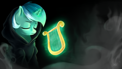 Size: 1920x1080 | Tagged: safe, artist:seyllah, lyra heartstrings, pony, unicorn, fanfic:background pony, background pony, clothes, eyes closed, hoodie, lyre, magic, mist, ponies wearing black, sad, solo