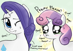 Size: 1700x1200 | Tagged: safe, artist:majupaju, rarity, sweetie belle, pony, unicorn, begging, blushing, cute, daaaaaaaaaaaw, diasweetes, one eye closed, pouting, puppy dog eyes, sweat, sweatdrop, weak point