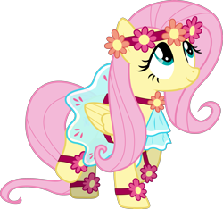 Size: 3145x2946 | Tagged: safe, artist:eagle1division, fluttershy, pegasus, pony, rainbow falls, clothes, cute, dress, female, flower, flower in hair, mare, raised hoof, raised leg, shyabetes, simple background, solo, transparent background, vector