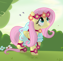 Size: 3104x3000 | Tagged: safe, artist:donnyku, artist:eagle1division, fluttershy, bird, pegasus, pony, clothes, cute, dress, female, flower, flower in hair, forest, grass, high res, mare, outdoors, raised hoof, raised leg, shyabetes, solo, transitional skies, twilight (astronomy), vector