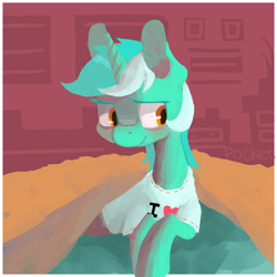 Size: 5100x5100 | Tagged: dead source, safe, artist:berrydrops, lyra heartstrings, pony, unicorn, absurd resolution, clothes, covers, female, heart, mare, prone, solo, t-shirt