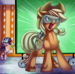 Size: 2000x1961 | Tagged: safe, artist:discorded, applejack, rarity, earth pony, pony, unicorn, applejack's "day" off, duo, female, hat, magic, mare, open mouth, pocket watch, raised hoof, safety goggles, telekinesis, toolbelt, unshorn fetlocks