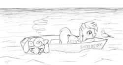 Size: 1024x549 | Tagged: safe, artist:topgull, bon bon, lyra heartstrings, sweetie drops, bird, seagull, boat, bon bon is not amused, monochrome, ocean, seasickness, shoo be doo, sketch, water