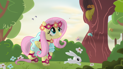 Size: 3840x2160 | Tagged: safe, artist:donnyku, artist:eagle1division, angel bunny, fluttershy, bird, pegasus, pony, rabbit, rainbow falls, clothes, cute, dress, female, flower, flower in hair, forest, grass, mare, outdoors, raised hoof, raised leg, shyabetes, solo, transitional skies, twilight (astronomy), vector