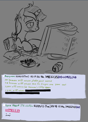 Size: 764x1060 | Tagged: safe, artist:derkrazykraut, edit, lyra heartstrings, /mlp/, computer, feels, human fetish, humie, role reversal, solo