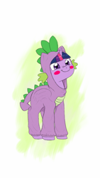 Size: 720x1280 | Tagged: safe, artist:trickydick, derpibooru import, spike, twilight sparkle, twilight sparkle (alicorn), alicorn, dragon, pony, blush sticker, blushing, clothes, costume, cute, dragon costume, female, kigurumi, mare, solo, twiabetes