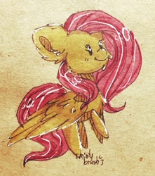 Size: 1636x1852 | Tagged: safe, artist:mintybrush, fluttershy, pegasus, pony, chibi, marker drawing, smiling, solo, spread wings, traditional art, wings