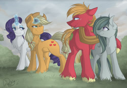 Size: 1000x697 | Tagged: safe, artist:mrgdog, applejack, big macintosh, marble pie, rarity, earth pony, pony, unicorn, chest fluff, female, flower, lesbian, magic, male, marblemac, rarijack, shipping, straight, telekinesis