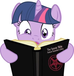 Size: 880x907 | Tagged: safe, derpibooru import, twilight sparkle, anton lavey, book, religion, satanism, solo, the satanic bible, this will end in heresy