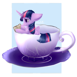 Size: 1024x1024 | Tagged: safe, artist:emiliearts, derpibooru import, twilight sparkle, twilight sparkle (alicorn), alicorn, pony, book, cup, cup of pony, female, mare, solo, teacup