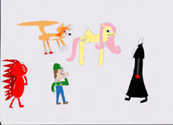 Size: 1750x1264 | Tagged: safe, artist:masonicon, fluttershy, pegasus, pony, cabadath, chzo mythos, crossover, flaky, gray background, happy tree friends, luigi, mario, miles "tails" prower, simple background, sonic the hedgehog (series)