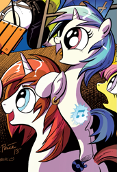 Size: 485x710 | Tagged: safe, artist:andypriceart, idw, dj pon-3, gaffer, long play, sweetcream scoops, vinyl scratch, pony, unicorn, neigh anything, spoiler:comic, spoiler:comic11, 33 1-3 lp, background pony, cutie mark, cutiespark, ear piercing, earring, female, filly, happy, jewelry, male, mare, official, piercing, stallion