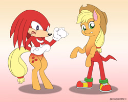 Size: 3759x3000 | Tagged: safe, artist:foxbeast, part of a series, part of a set, applejack, earth pony, hybrid, pony, body swap, character to character, crossover, downvote bait, female to male, gradient background, knuckles the echidna, partial body swap, pony to anthro, rule 63, sega, simple background, sonic the hedgehog, sonic the hedgehog (series), transformation, transgender transformation, video game, wat, what has science done, where is your god now?, why