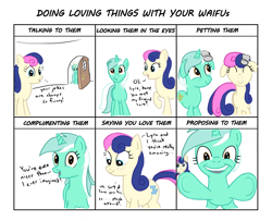 Size: 1600x1300 | Tagged: safe, artist:varemia, bon bon, lyra heartstrings, sweetie drops, doing loving things, harem, looking at you, love, meme, polyamory, polygamy, underhoof, waifu