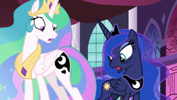 Size: 1280x720 | Tagged: safe, screencap, princess celestia, princess luna, a royal problem, bags under eyes, canterlot castle, cutie mark swap, jewelry, regalia