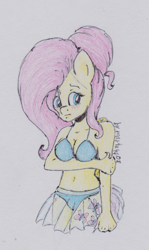 Size: 717x1203 | Tagged: safe, artist:marta4708, fluttershy, anthro, belly button, bikini, blushing, breasts, cleavage, clothes, embarrassed, female, midriff, see-through, skirt, solo, swimsuit, traditional art