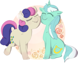 Size: 711x580 | Tagged: safe, artist:felinecasanova, bon bon, lyra heartstrings, sweetie drops, earth pony, pony, unicorn, abstract background, eyes closed, female, happy, lesbian, lyrabon, shipping, smiling