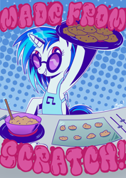 Size: 636x900 | Tagged: safe, artist:moonsango, dj pon-3, vinyl scratch, pony, unicorn, apron, baking, clothes, cookie, cookie dough, cooking, pun, solo, turntable