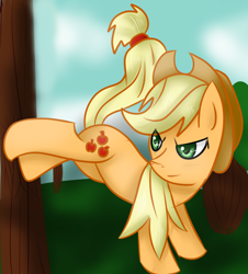 Size: 1000x1107 | Tagged: safe, artist:knirrax, applejack, earth pony, pony, applebucking, female, mare, solo