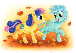 Size: 1000x690 | Tagged: safe, artist:macgreen, bon bon, lyra heartstrings, sweetie drops, earth pony, pony, unicorn, autumn, bon bon is amused, duo, leaves, looking at each other, running, running of the leaves, smiling, traditional art