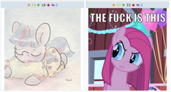 Size: 945x512 | Tagged: safe, derpibooru import, pinkie pie, twilight sparkle, earth pony, pony, derpibooru, exploitable meme, juxtaposition, juxtaposition win, meme, meta