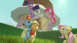 Size: 2560x1440 | Tagged: safe, artist:phenioxflame, derpibooru import, applejack, fluttershy, pinkie pie, rainbow dash, rarity, twilight sparkle, twilight sparkle (alicorn), alicorn, earth pony, pegasus, pony, unicorn, 3d, applejack's hat, cowboy hat, hat, mane six, ponyville, source filmmaker