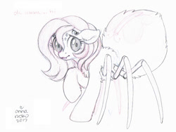 Size: 800x600 | Tagged: safe, artist:onnanoko, fluttershy, monster pony, original species, spiderpony, chest fluff, cute, cute little fangs, fangs, female, floppy ears, hi, looking at you, monochrome, multiple eyes, raised hoof, solo, species swap, spidershy, traditional art